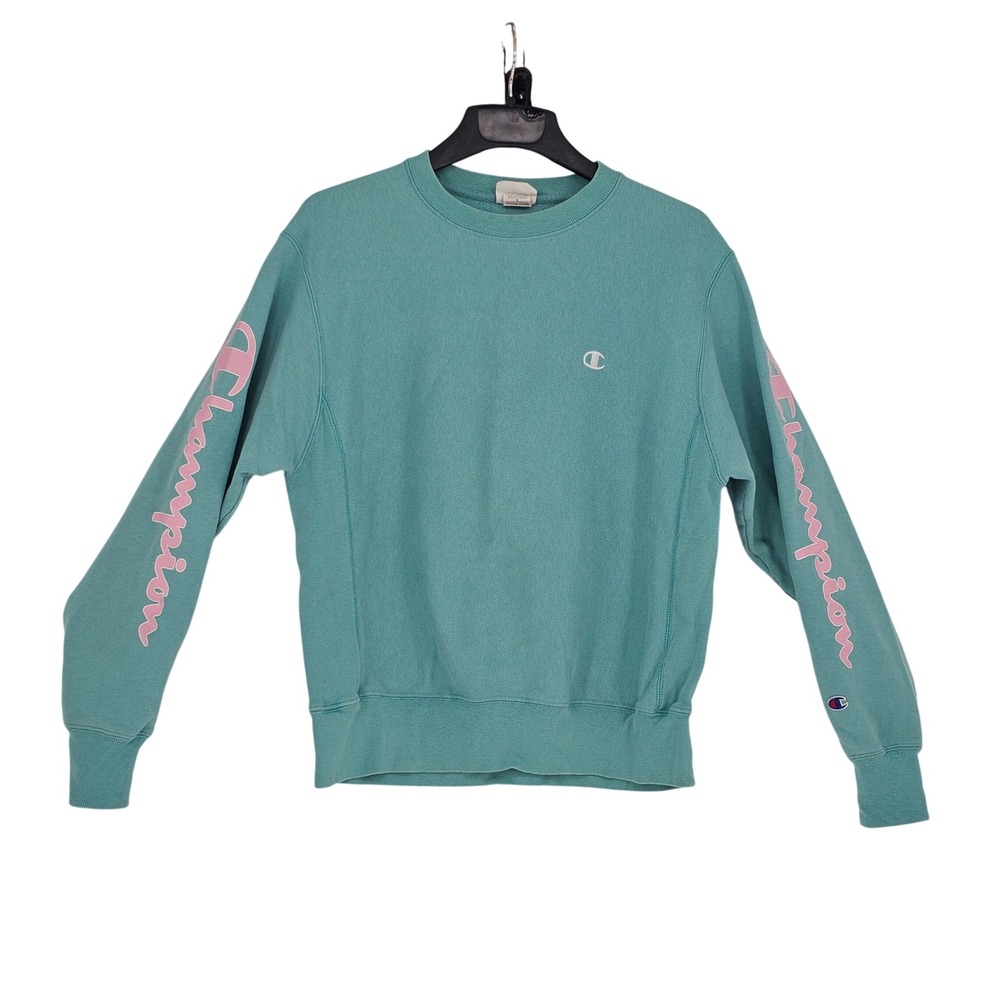 Champion Reverse Weave Oversized Sweatshirt M Teal Green Pink Sleeve Spellout